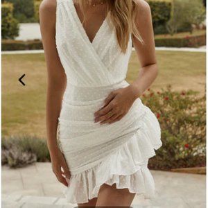 CHERISH THE MOMENT RUCHED RUFFLE HAIL SPOT DRESS WHITE